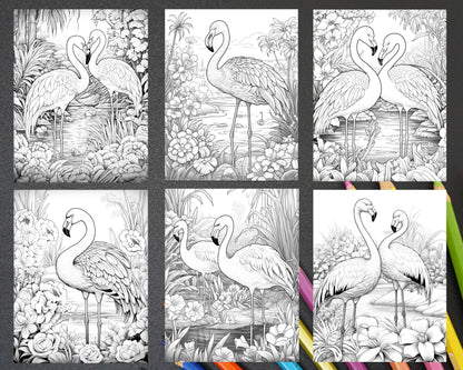 Flamingo Oasis Grayscale Coloring Pages Printable for Adults, PDF File Instant Download