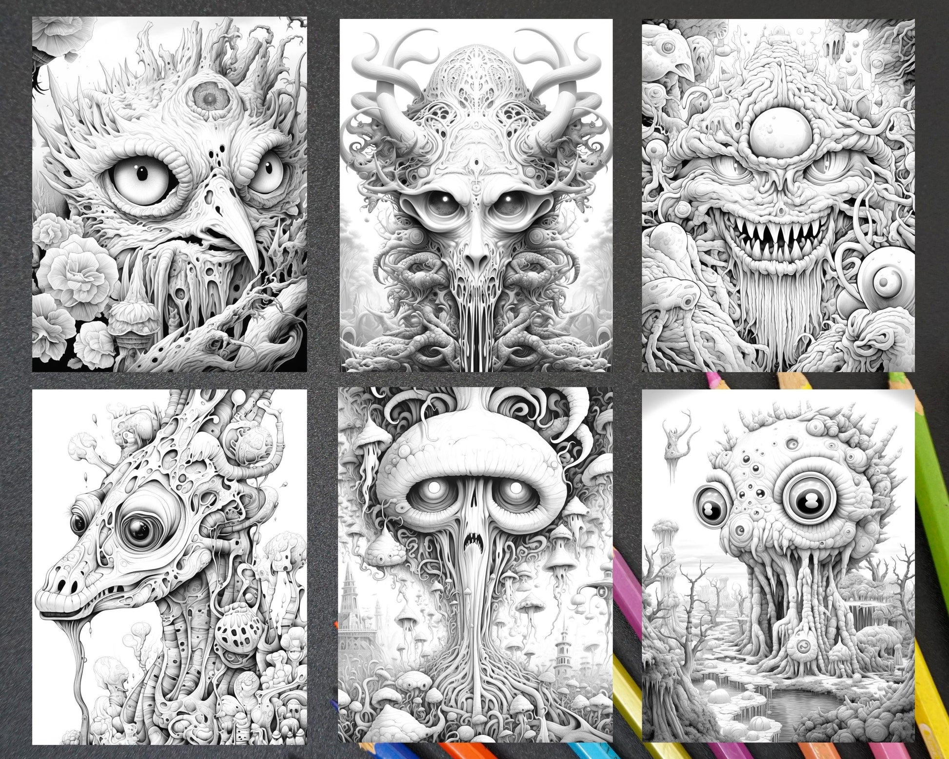 53 Surreal Creatures Grayscale Coloring Pages for Adults, Printable PDF File Instant Download