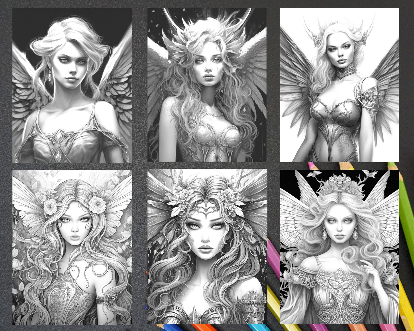 Beautiful Dark Fairy Grayscale Coloring Pages Printable for Adults, PDF File Instant Download