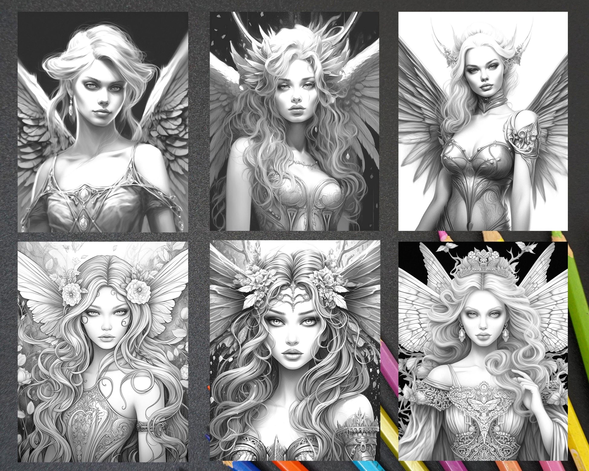 Beautiful Dark Fairy Grayscale Coloring Pages Printable for Adults, PDF File Instant Download