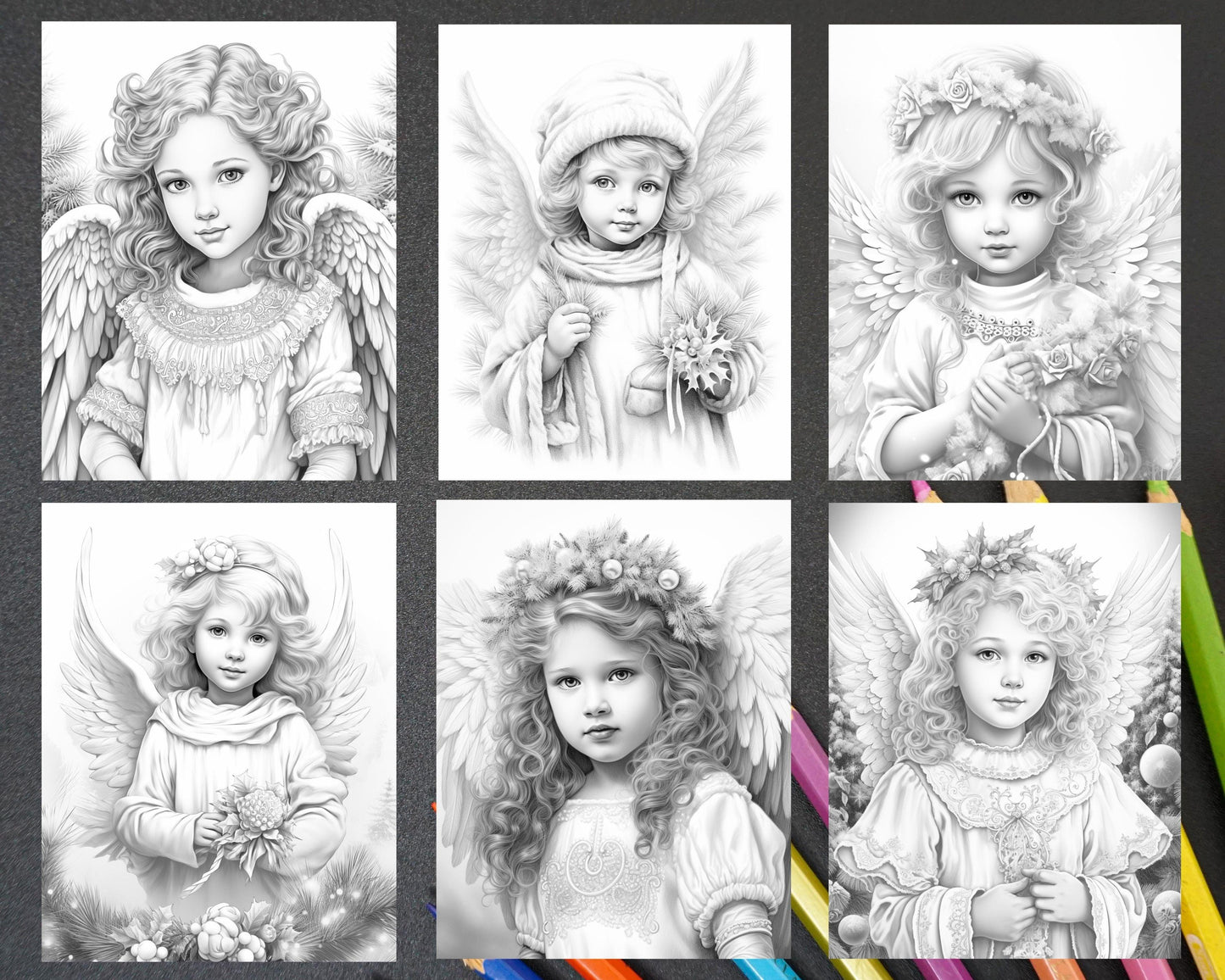 55 Christmas Angel Grayscale Coloring Pages for Adults, Printable PDF Instant Download
