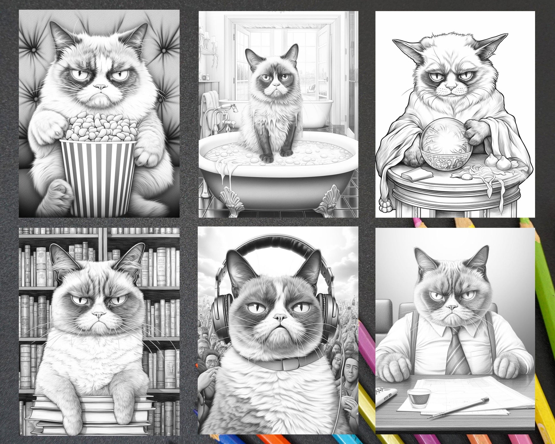 50 Grumpy Cat Grayscale Coloring Pages Printable for Adults, PDF File Instant Download