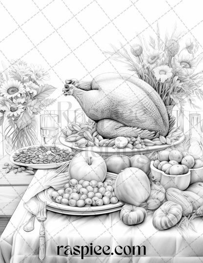 Thanksgiving Dinner Grayscale Coloring Pages for Adults, Relaxing Fall Coloring Sheets, Printable PDF File Instant Download