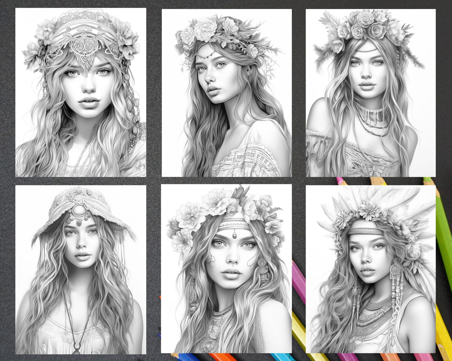 60 Bohemian Beauties Grayscale Coloring Pages for Adults, Printable PDF Instant Download
