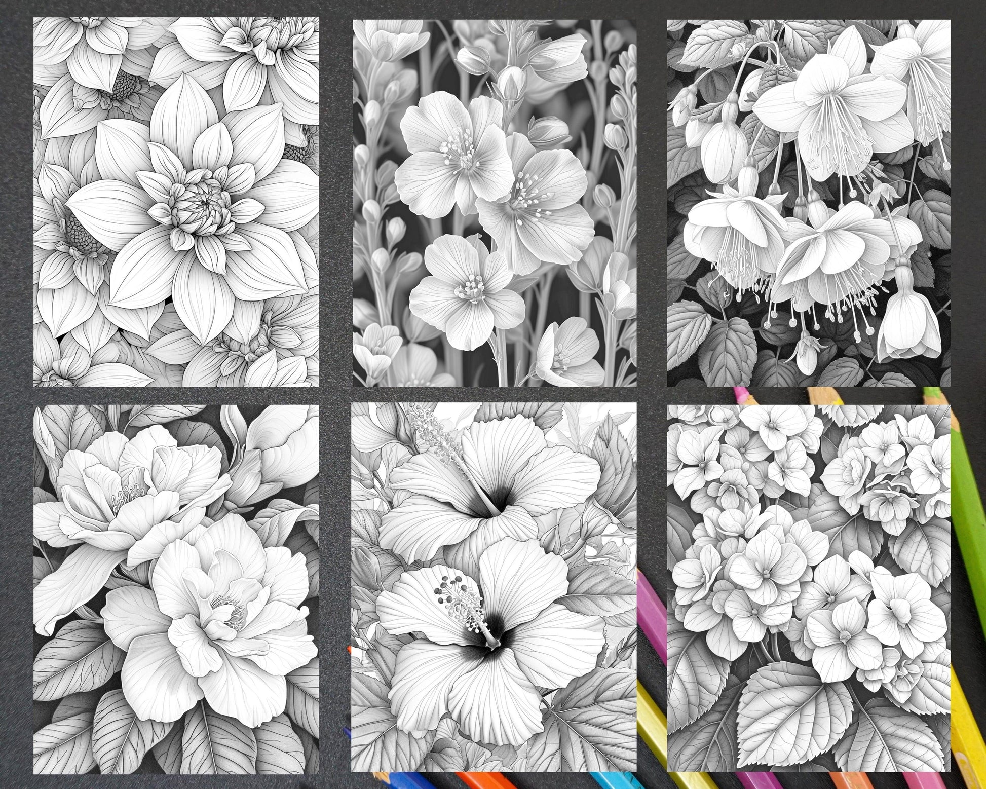 60 Spring Blossoms Grayscale Adult Coloring Pages, Printable PDF Instant Download