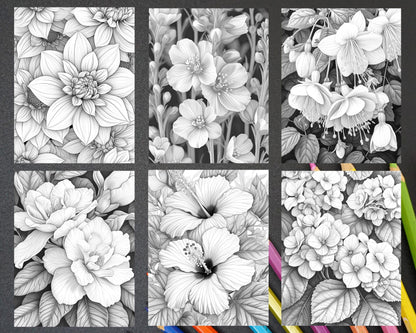 60 Spring Blossoms Grayscale Adult Coloring Pages, Printable PDF Instant Download