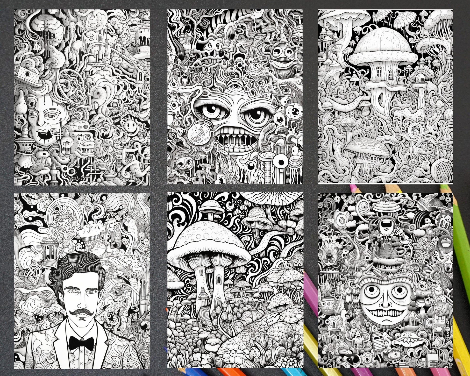 Psychedelic Trippy Coloring Book Printable for Adults, Grayscale Coloring Page, PDF File Instant Download