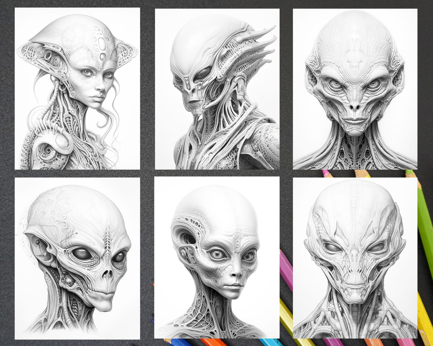 65 Alien Portrait Grayscale Coloring Pages for Adults, Printable PDF File Instant Download