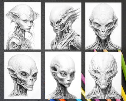 65 Alien Portrait Grayscale Coloring Pages for Adults, Printable PDF File Instant Download