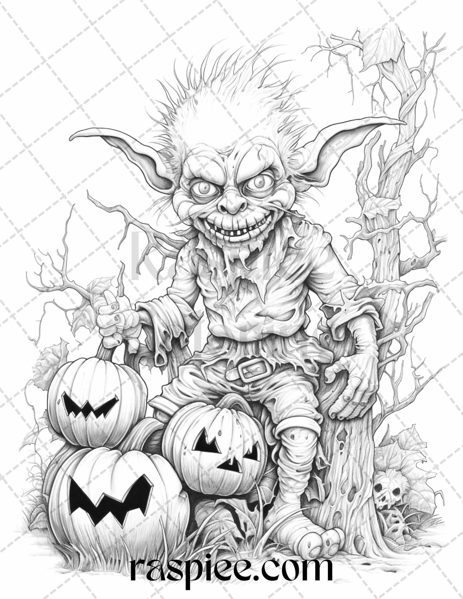 50 Halloween Goblin Grayscale Coloring Pages Printable for Adults, PDF File Instant Download