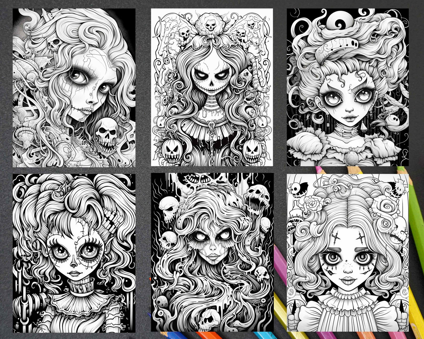50 Spooky Miss Nightmare Grayscale Coloring Pages Printable for Adults, PDF File Instant Download