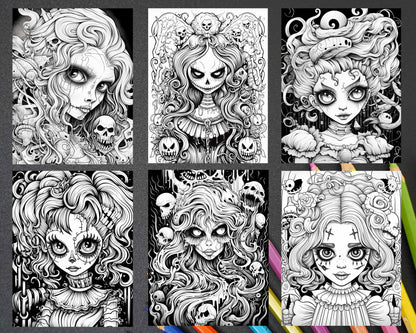 50 Spooky Miss Nightmare Grayscale Coloring Pages Printable for Adults, PDF File Instant Download