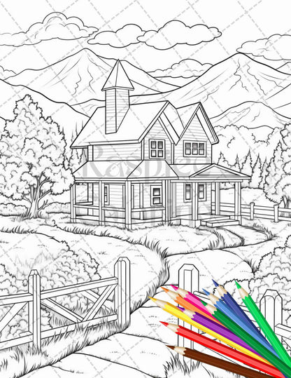 Charming Farmhouse Scenery Grayscale Coloring Pages Printable for Adults, PDF File Instant Download