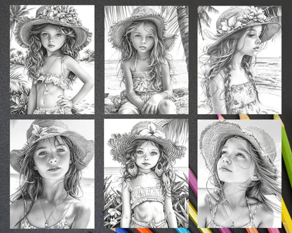 65 Summer Little Girls Portrait Grayscale Adult Coloring Pages Printable PDF Instant Download