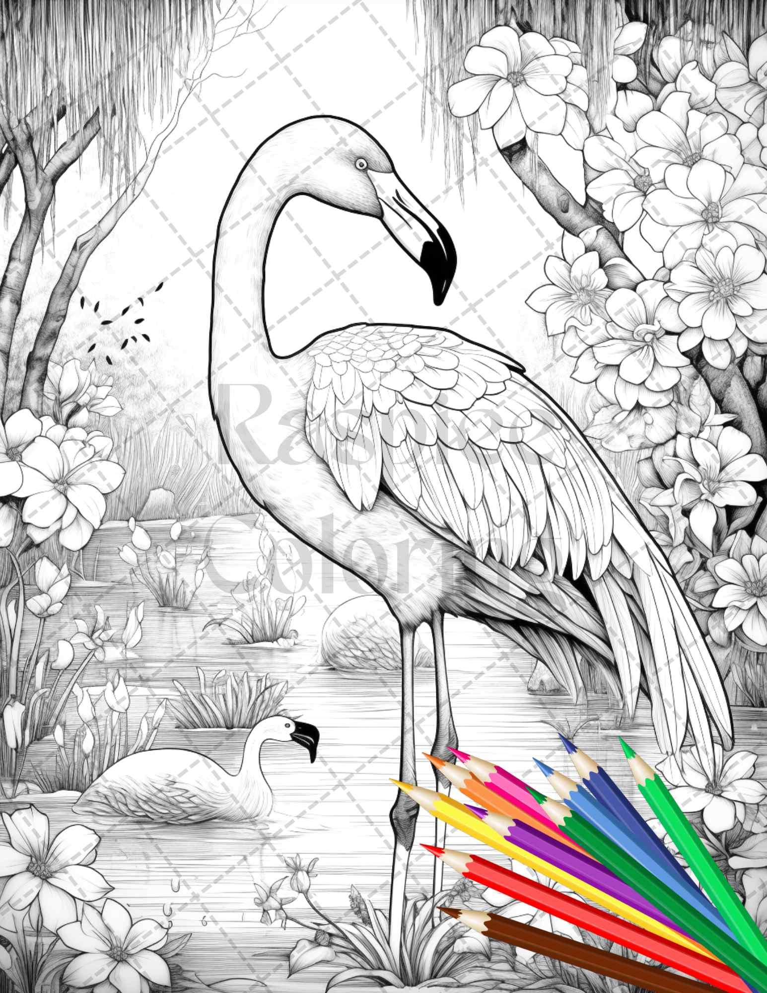 Flamingo Oasis Grayscale Coloring Pages Printable for Adults, PDF File Instant Download