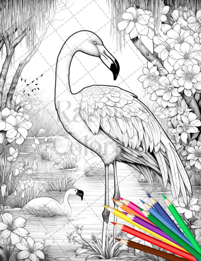 Flamingo Oasis Grayscale Coloring Pages Printable for Adults, PDF File Instant Download