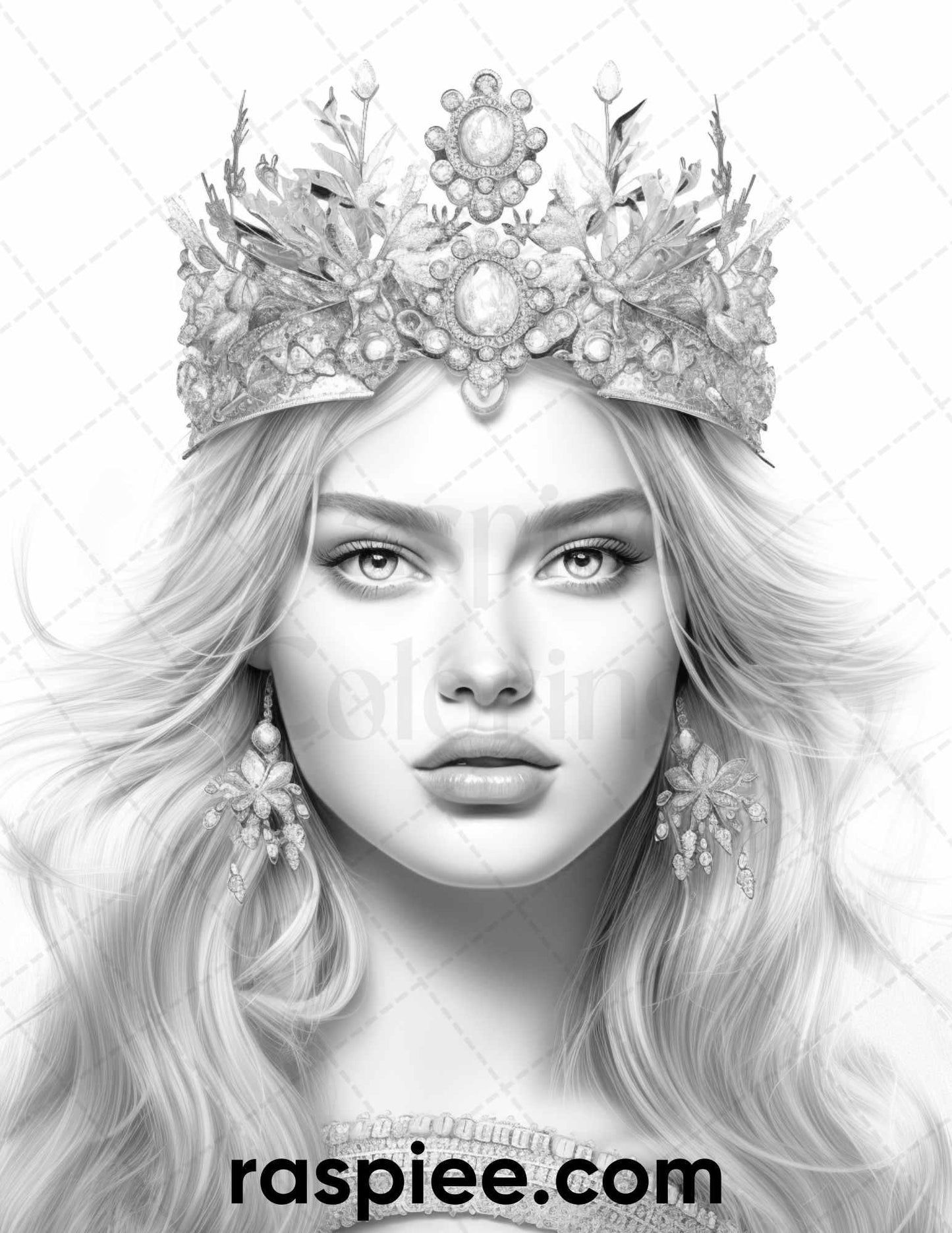50 Winter Queens Portrait Grayscale Coloring Pages Printable for Adults, PDF File Instant Download