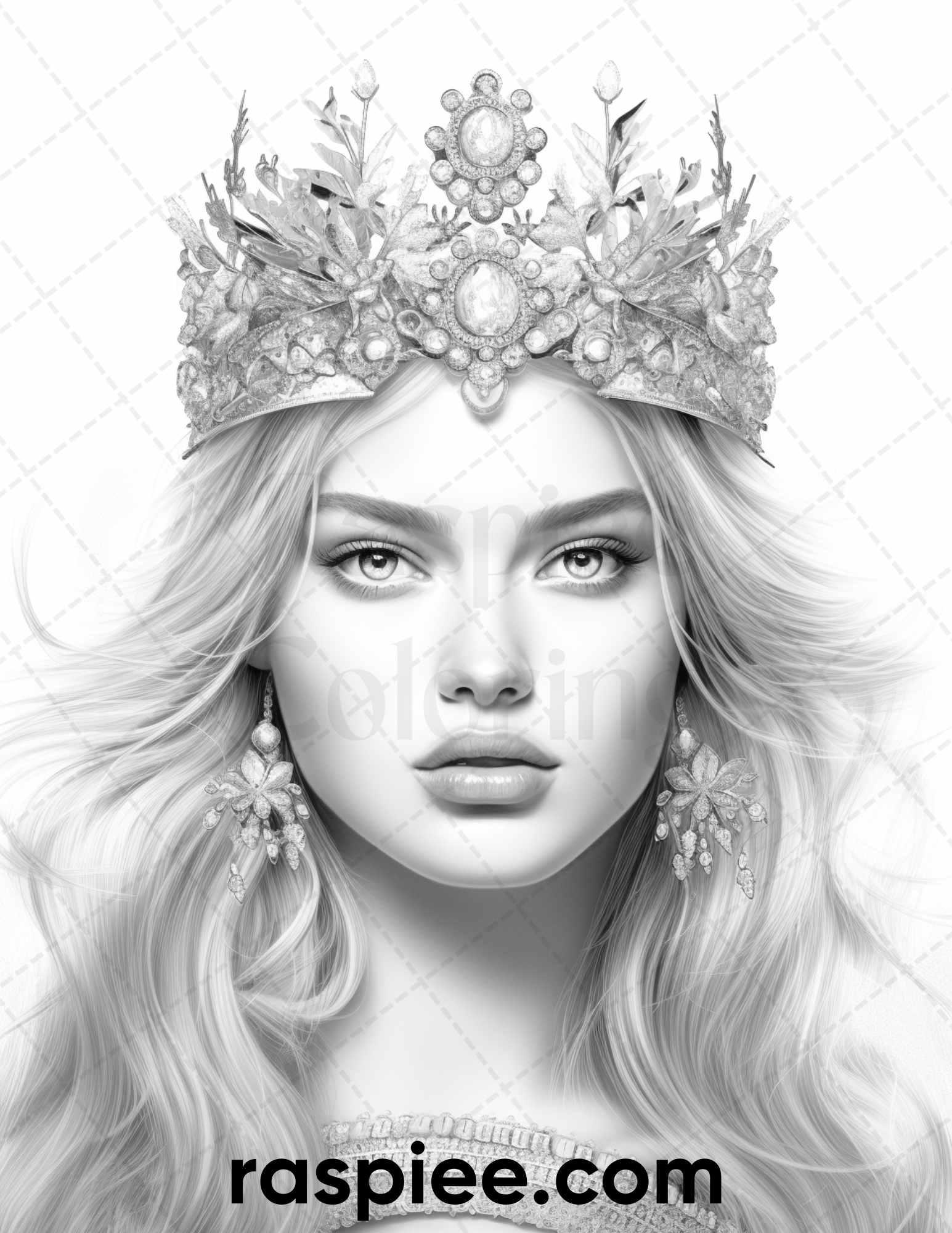 50 Winter Queens Portrait Grayscale Coloring Pages Printable for Adults, PDF File Instant Download