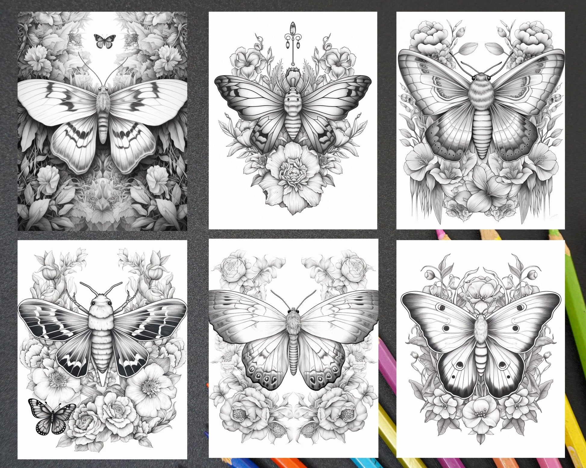 32 Beautiful Moths and Floral Coloring Book for Adults, Grayscale Coloring Page, Printable PDF Instant Download