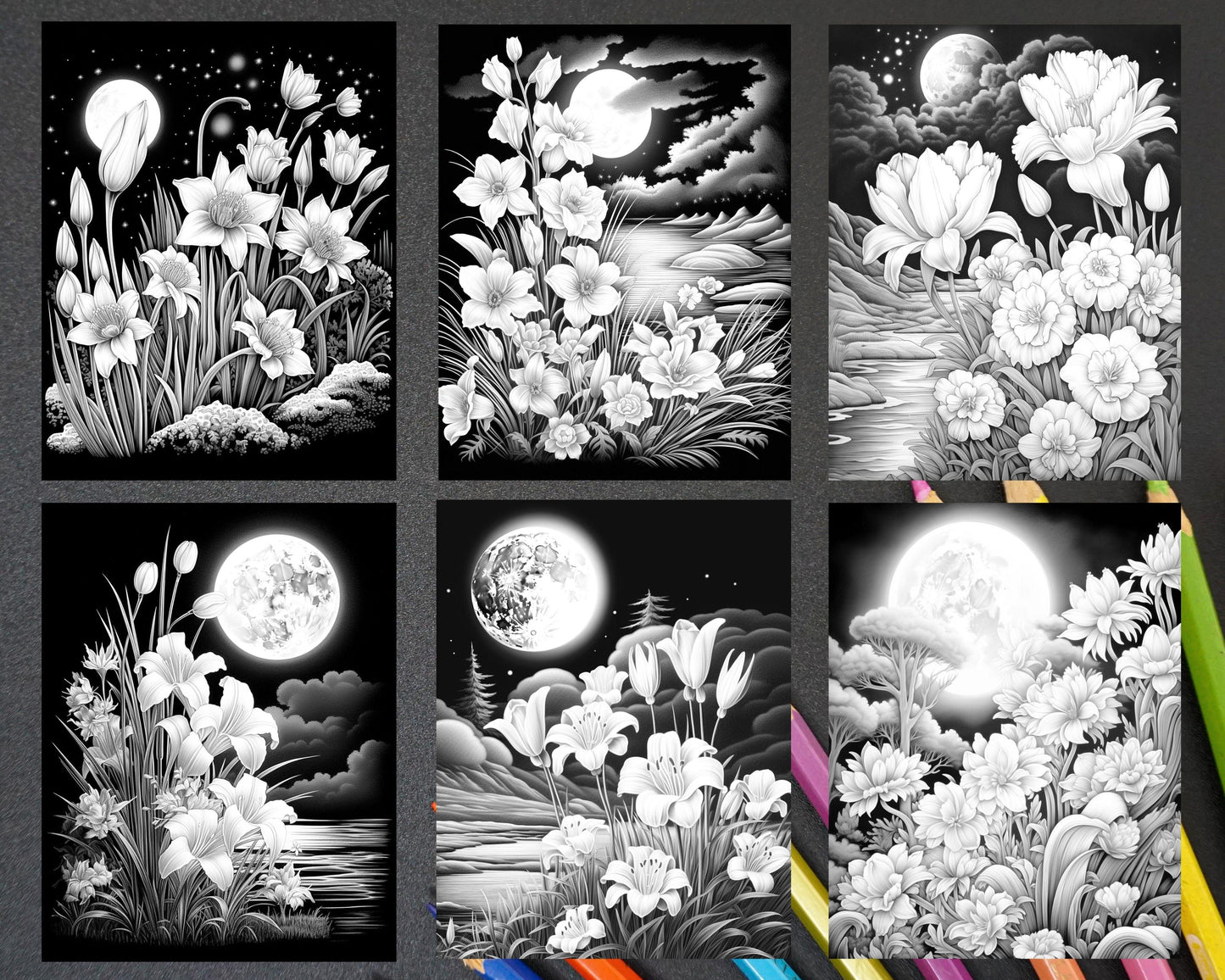 50 Flowers Under Moonlight Grayscale Coloring Pages for Adults, Printable PDF Instant Download