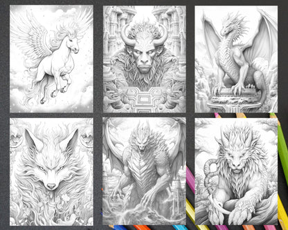 60 Mythical Creatures Grayscale Coloring Pages for Adults, Printable PDF Instant Download
