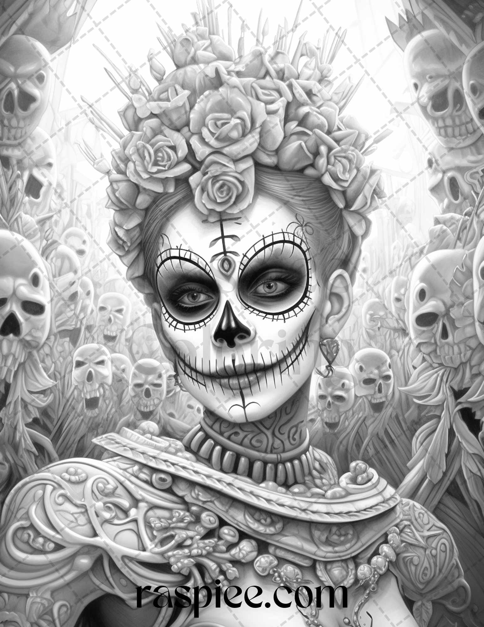 50 Day of the Dead Grayscale Coloring Pages Printable for Adults, PDF File Instant Download