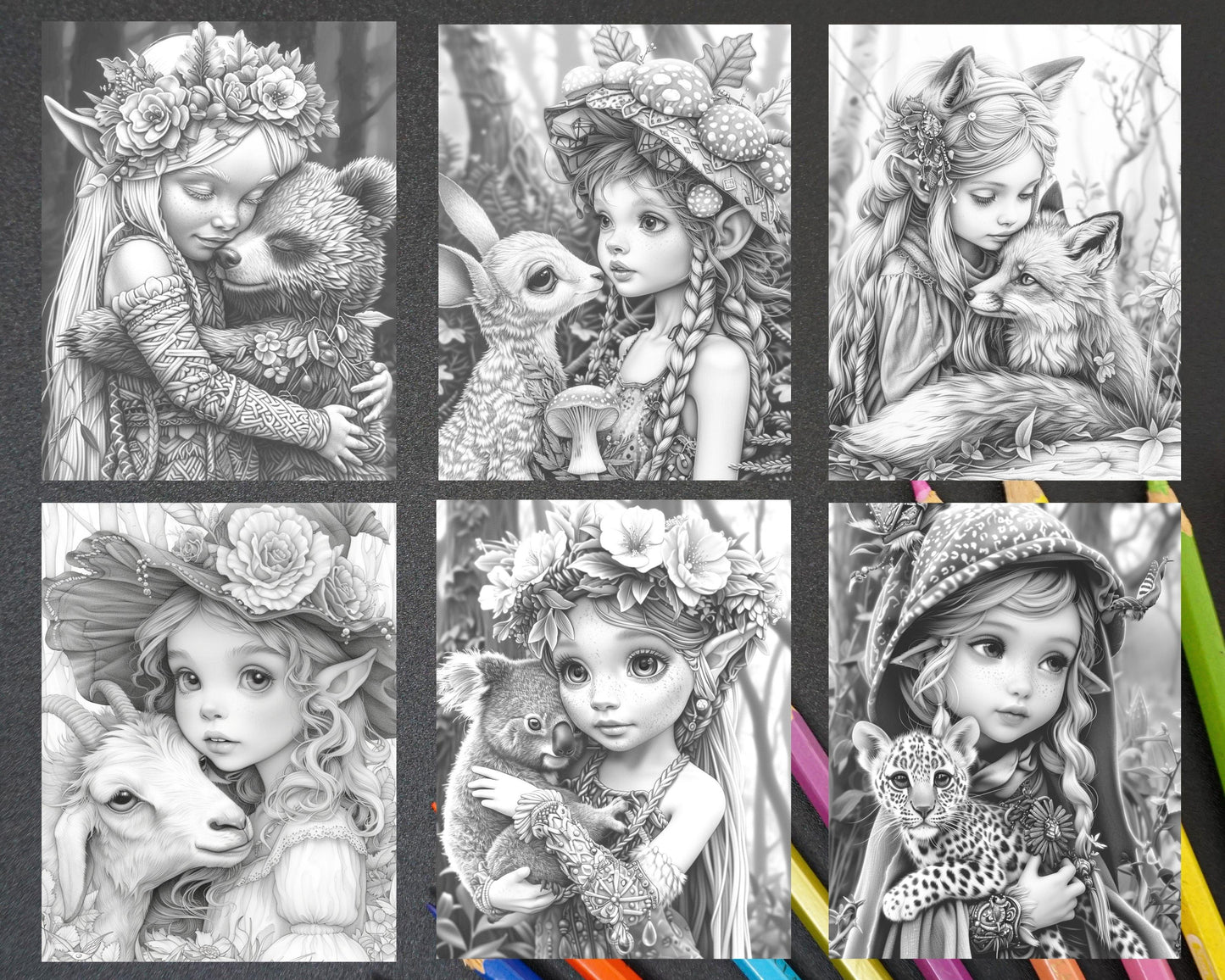 52 Elves Animal Kingdom Grayscale Adult Coloring Pages, Printable PDF Instant Download