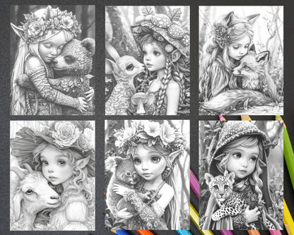52 Elves Animal Kingdom Grayscale Adult Coloring Pages, Printable PDF Instant Download