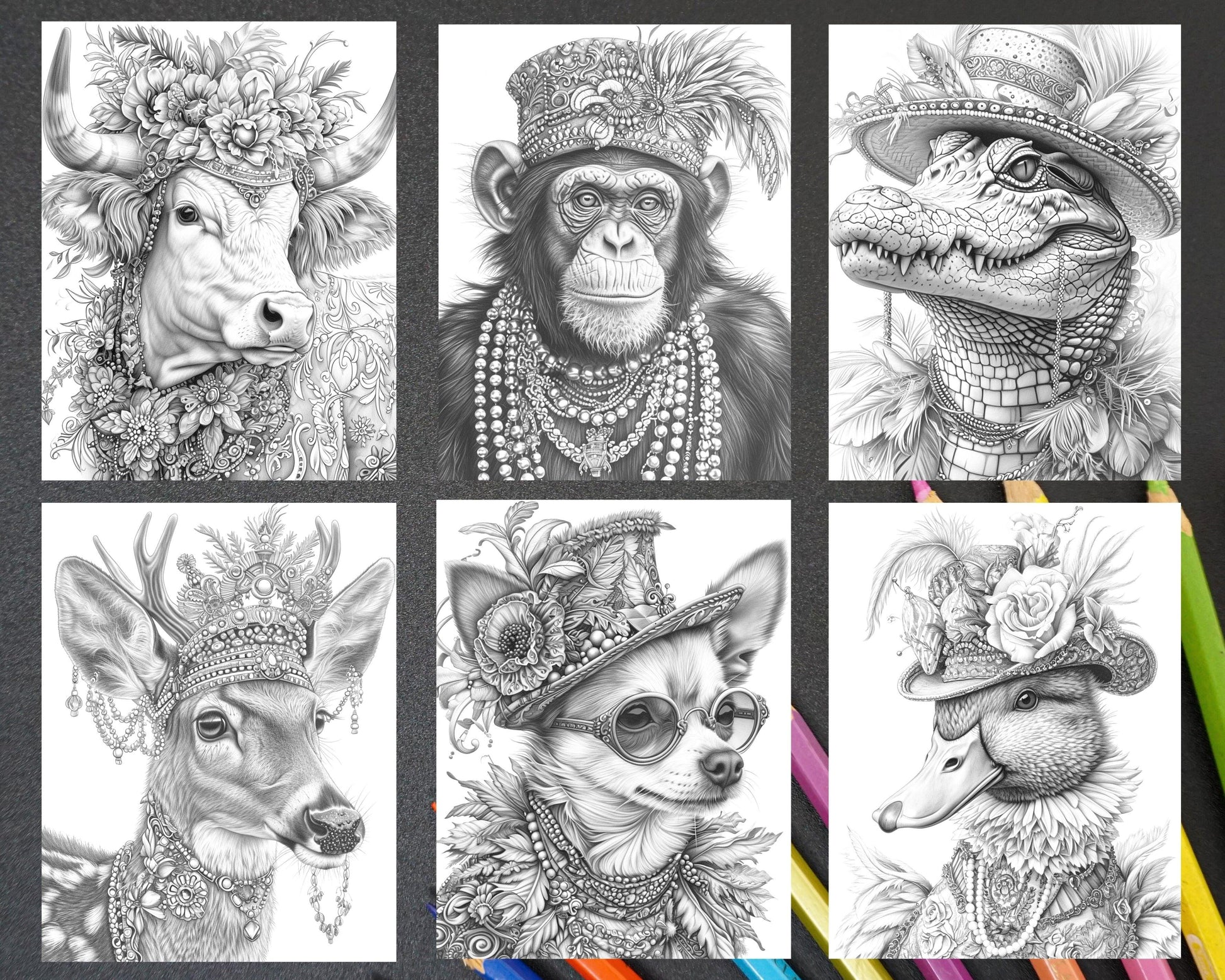 90 Mardi Gras Animals Grayscale Adult Coloring Pages, Printable PDF Instant Download