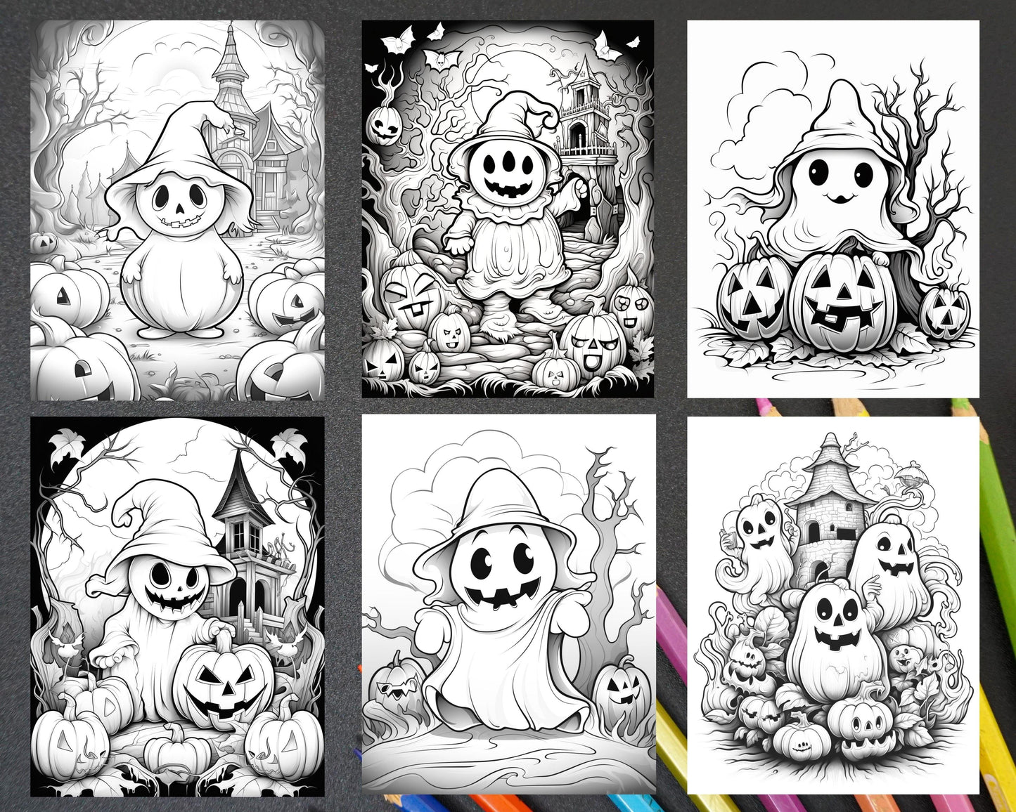 50 Halloween Cute Ghosts Grayscale Coloring Printable for Adults Kids, PDF File Instant Download