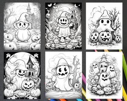 50 Halloween Cute Ghosts Grayscale Coloring Printable for Adults Kids, PDF File Instant Download