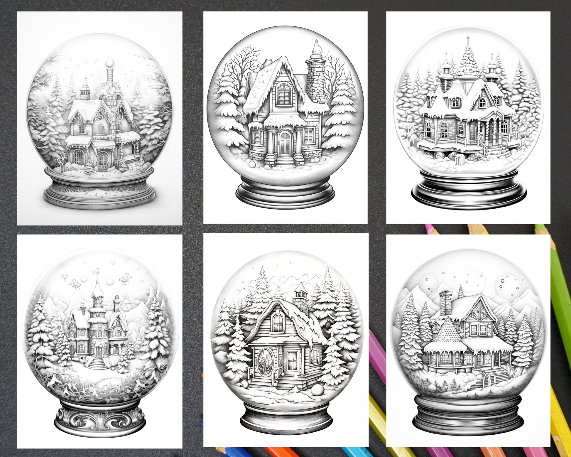 Cozy Cabin in Snow Globe Grayscale Coloring Pages Printable for Adults, PDF File Instant Download