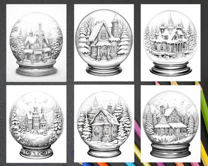 Cozy Cabin in Snow Globe Grayscale Coloring Pages Printable for Adults, PDF File Instant Download