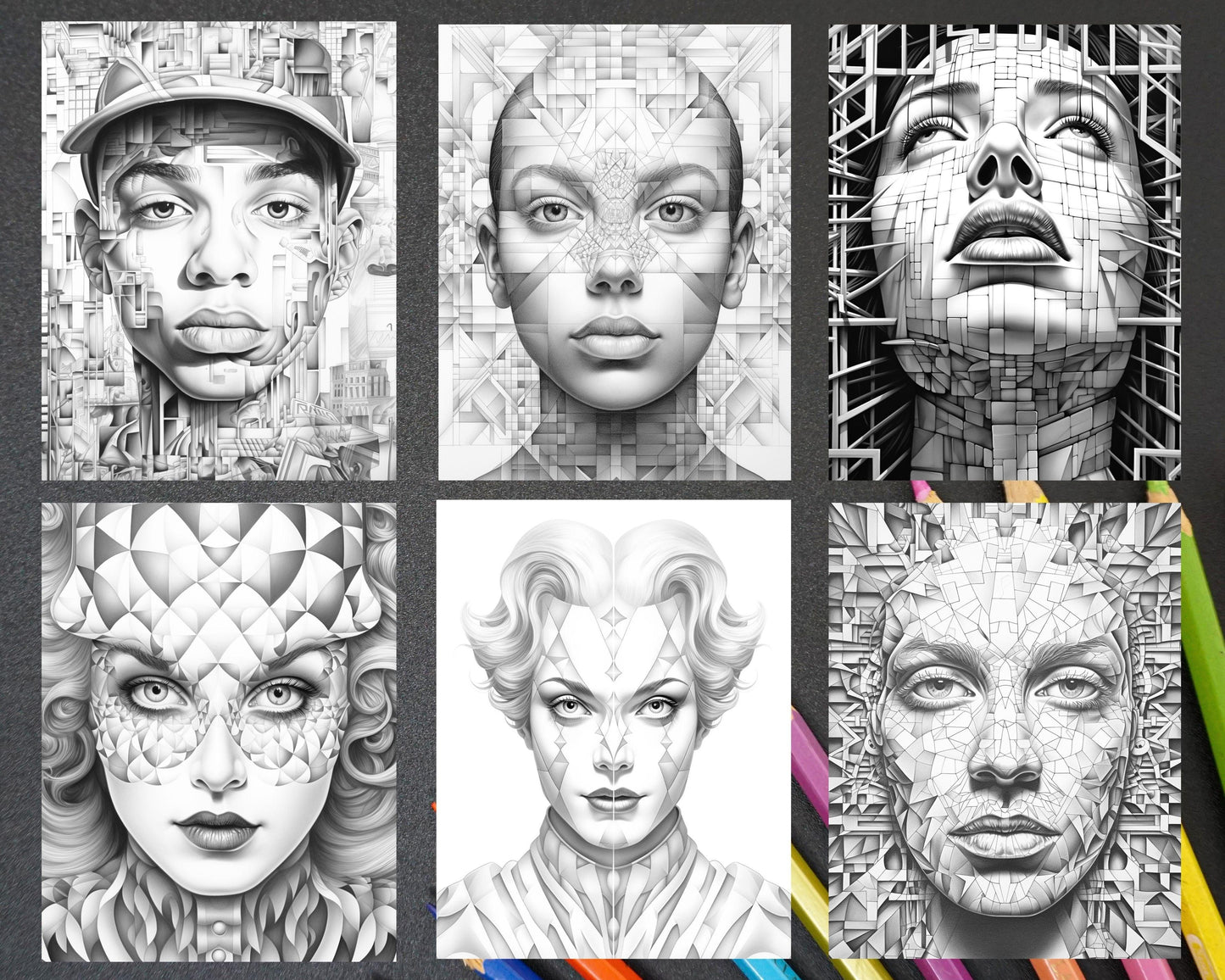60 Abstract Faces Grayscale Adult Coloring Pages, Printable PDF Instant Download
