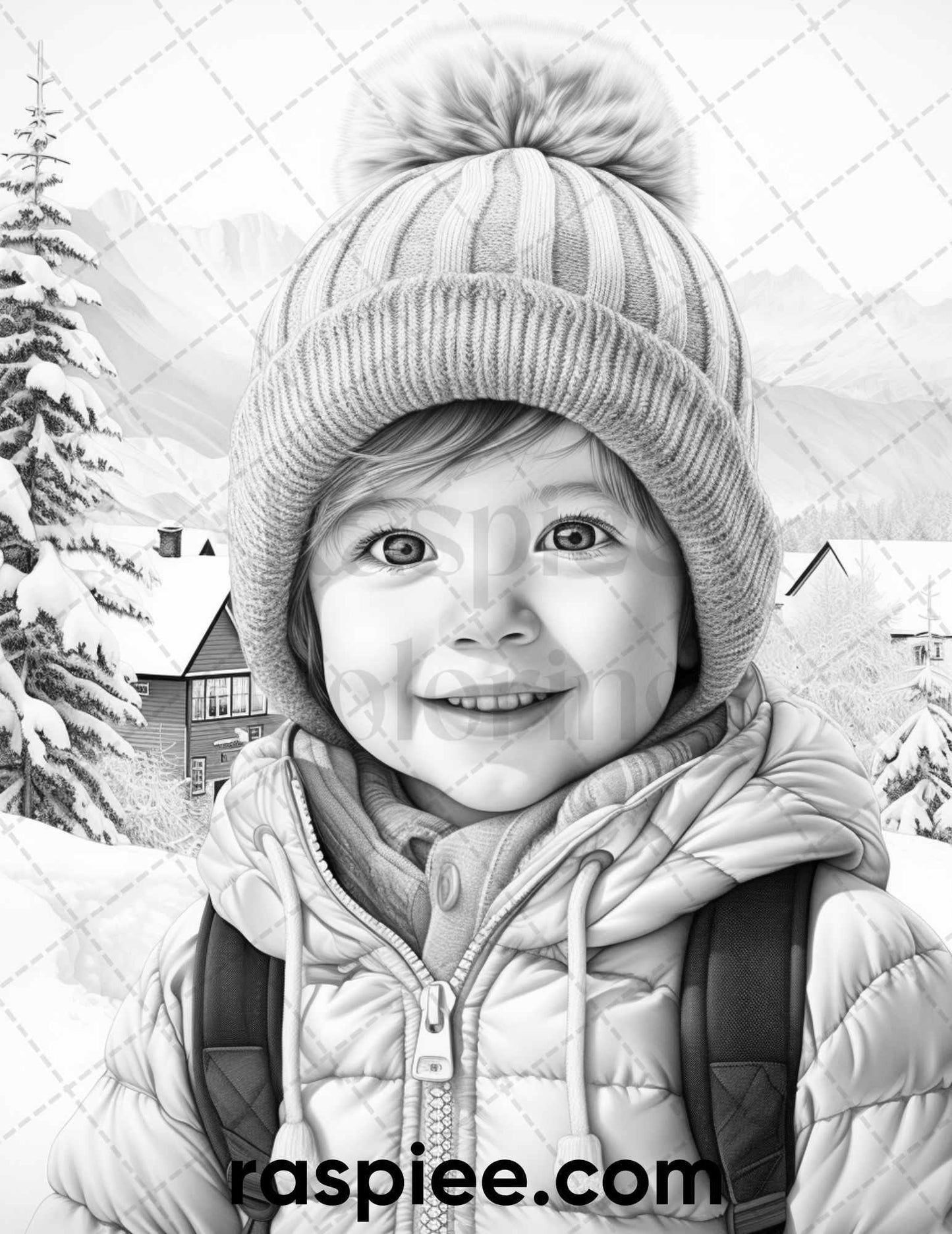 50 Baby Winter Portrait Grayscale Coloring Pages Printable for Adults, PDF File Instant Download