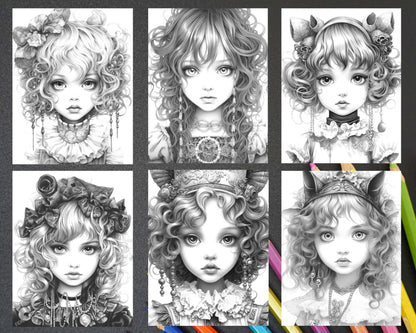 60 Adorable Gothic Girls Grayscale Coloring Pages Printable for Adults, PDF File Instant Download