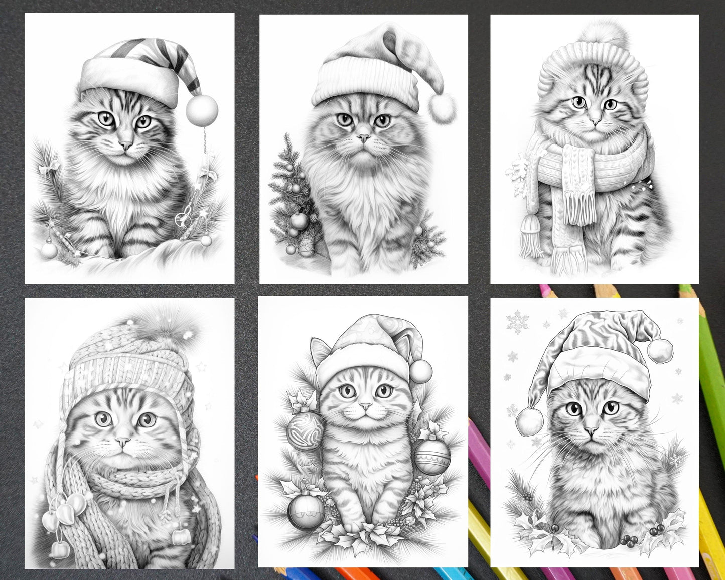 40 Christmas Cats Grayscale Coloring Pages for Adults, Printable PDF Instant Download