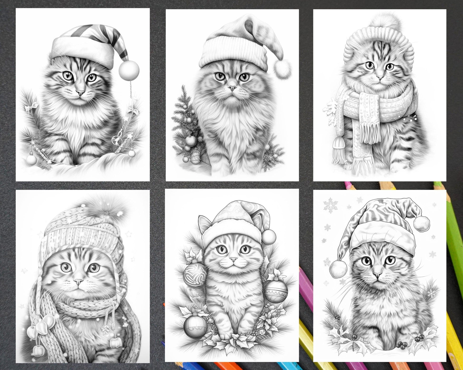 40 Christmas Cats Grayscale Coloring Pages for Adults, Printable PDF Instant Download