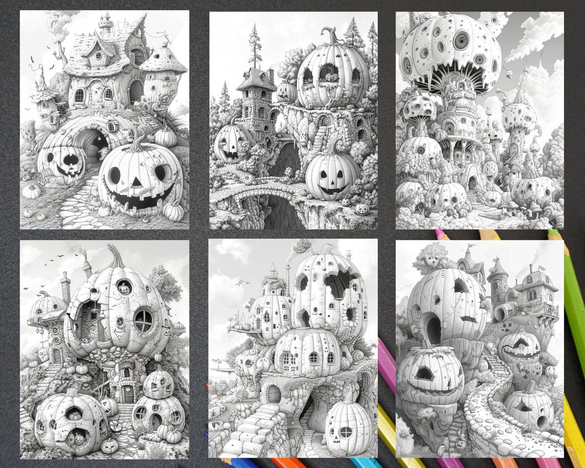 65 Fantasy Pumpkin Village Grayscale Adult Coloring Pages, Printable PDF Instant Download