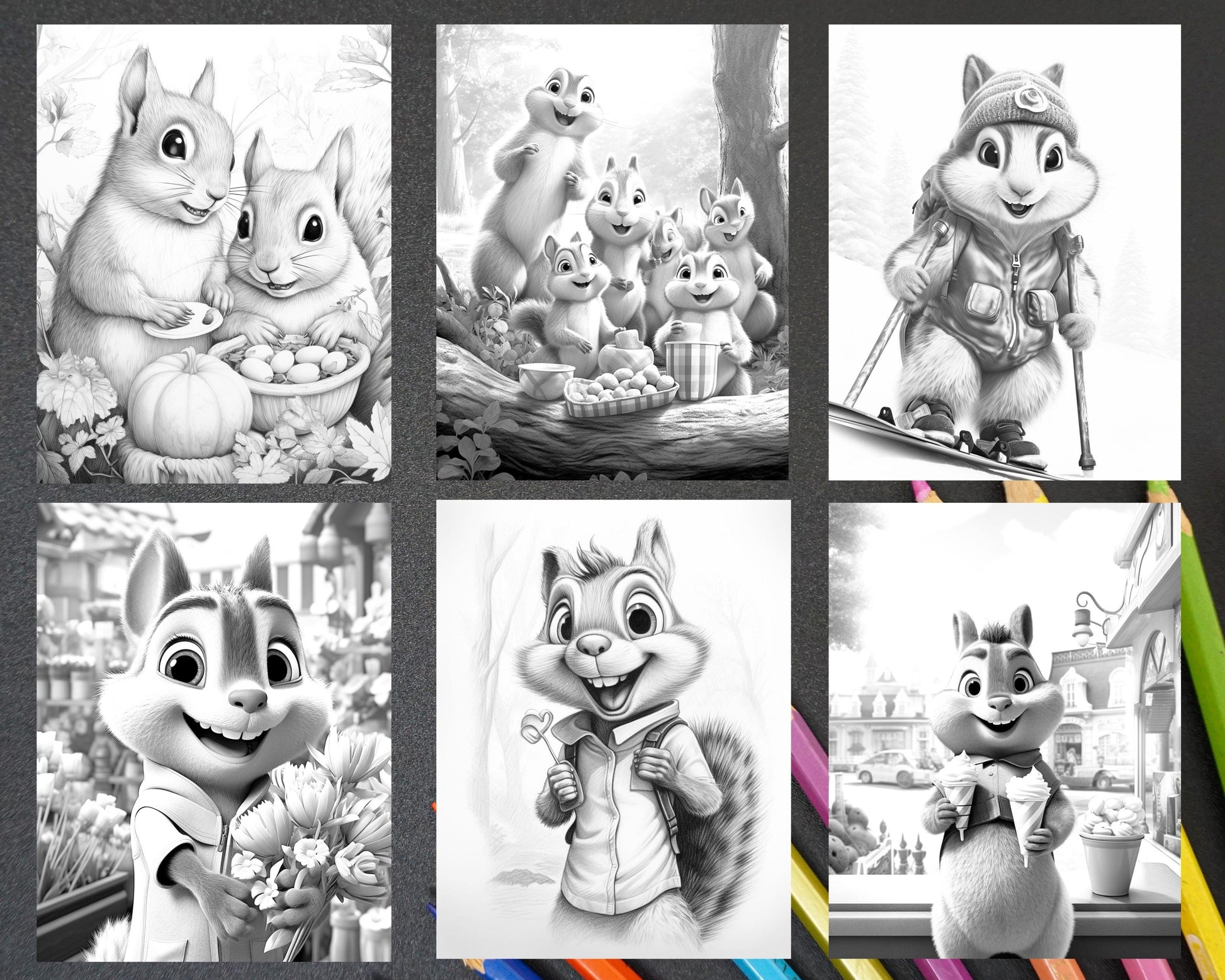52 Adorable Squirrels Grayscale Coloring Pages Printable for Adults Kids, PDF File Instant Download