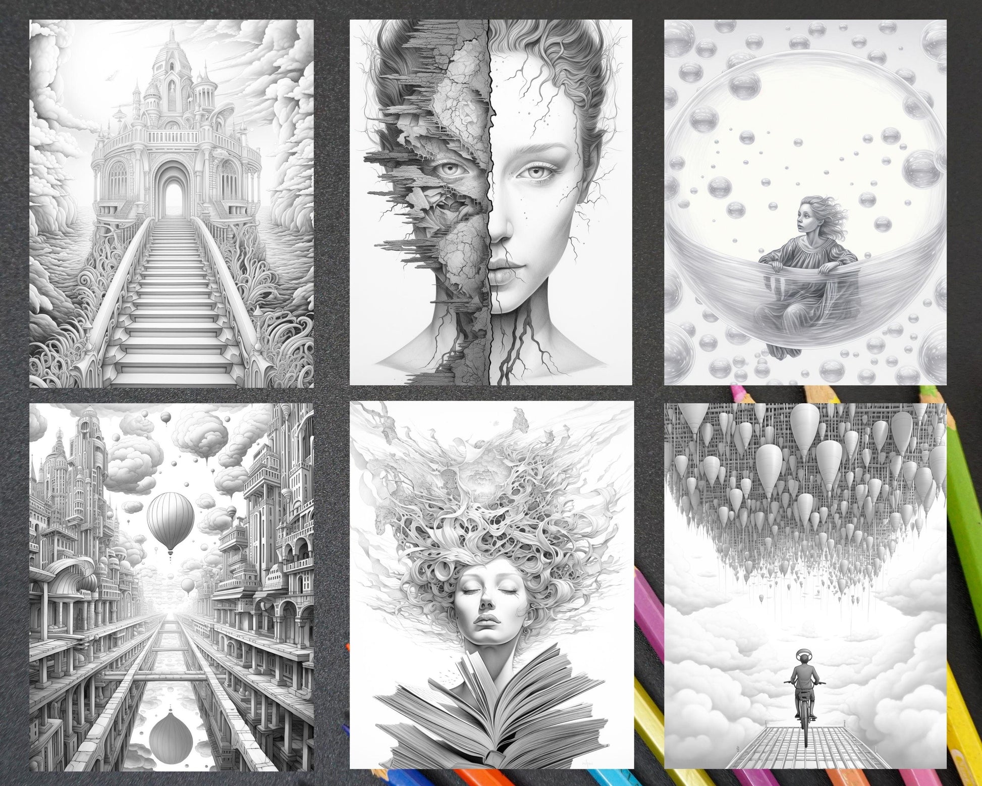 60 Enchanting Surrealism Grayscale Coloring Pages Printable for Adults, PDF File Instant Download