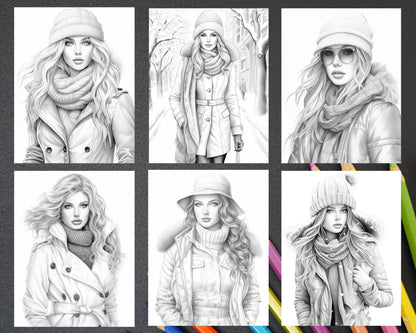 40 Winter Fashion Grayscale Coloring Pages Printable for Adults, PDF File Instant Download
