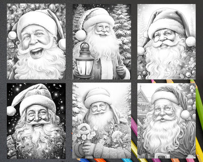 63 Christmas Santa Claus Grayscale Coloring Pages for Adults, Printable PDF Instant Download