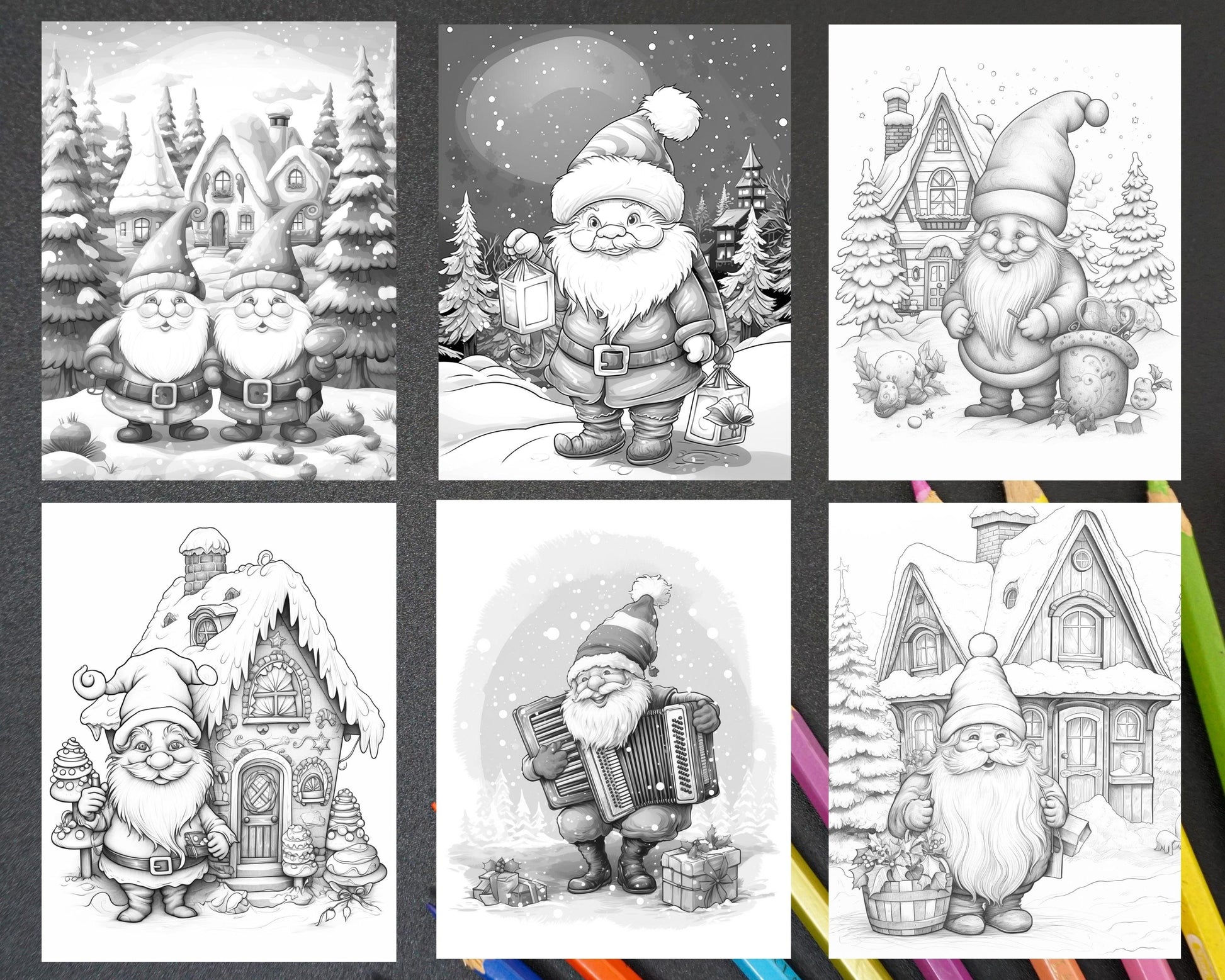 60 Christmas Gnomes Grayscale Coloring Pages Printable for Adults and Kids, PDF File Instant Download