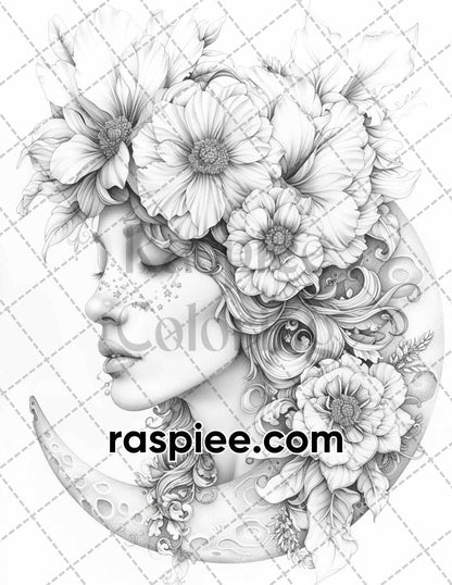 60 Boho Moon Floral Grayscale Adult Coloring Pages Printable PDF Instant Download
