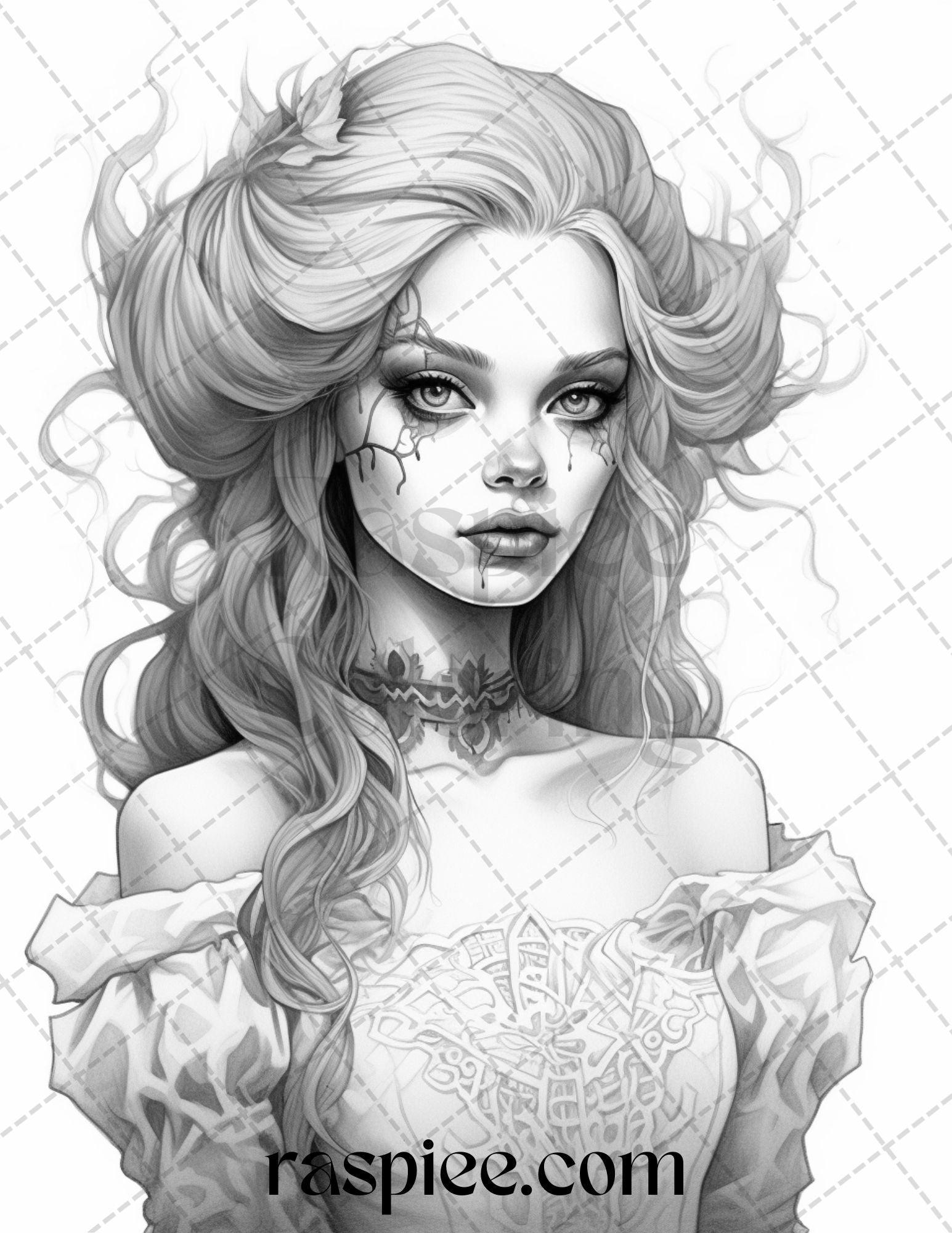 55 Halloween Girls Grayscale Coloring Pages Printable for Adults, PDF File Instant Download