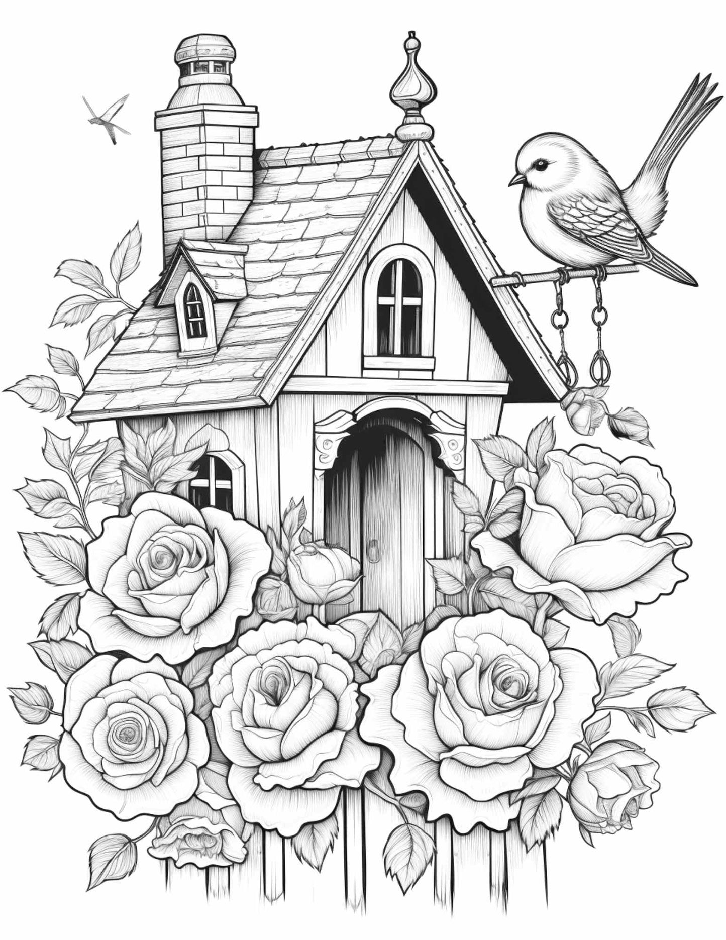 Free Flower Bird House Grayscale Coloring Pages Printable for Adults, PDF File Instant Download