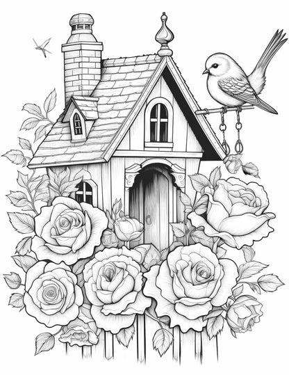 Free Flower Bird House Grayscale Coloring Pages Printable for Adults, PDF File Instant Download
