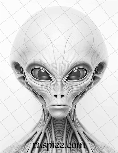 65 Alien Portrait Grayscale Coloring Pages for Adults, Printable PDF File Instant Download
