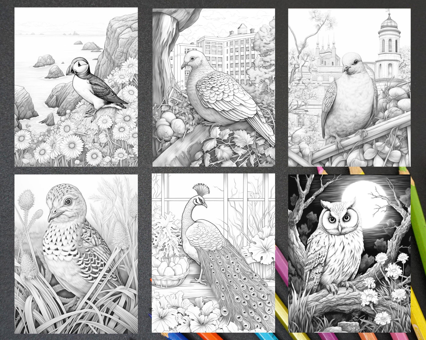 60 Spring Birds Grayscale Adult Coloring Pages, Printable PDF Instant Download